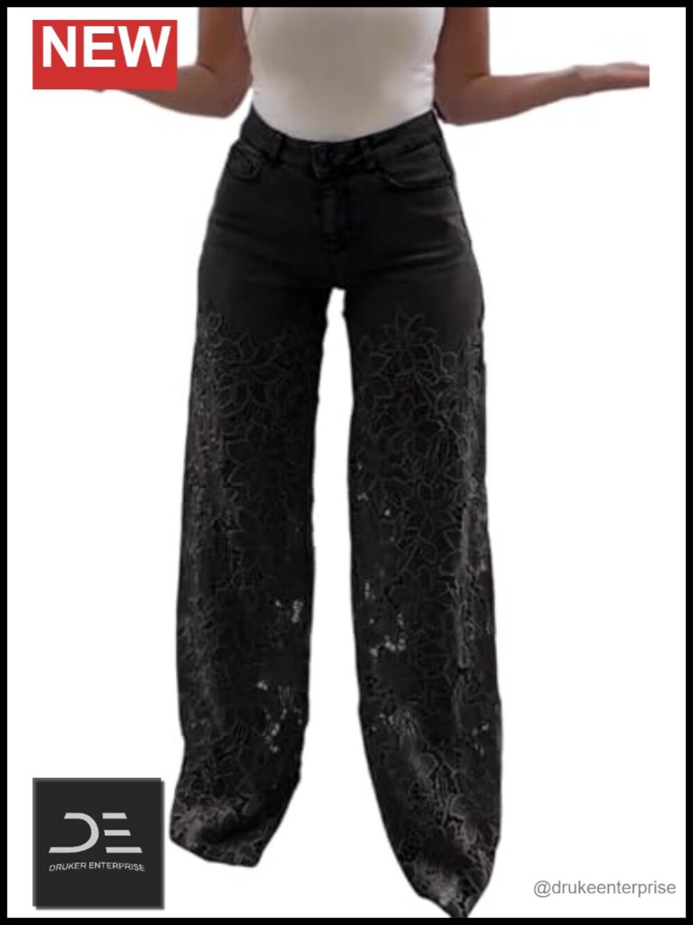 Women's Lace Patchwork Wide Leg Jeans High Waisted Hollow Out Sheer Stretch